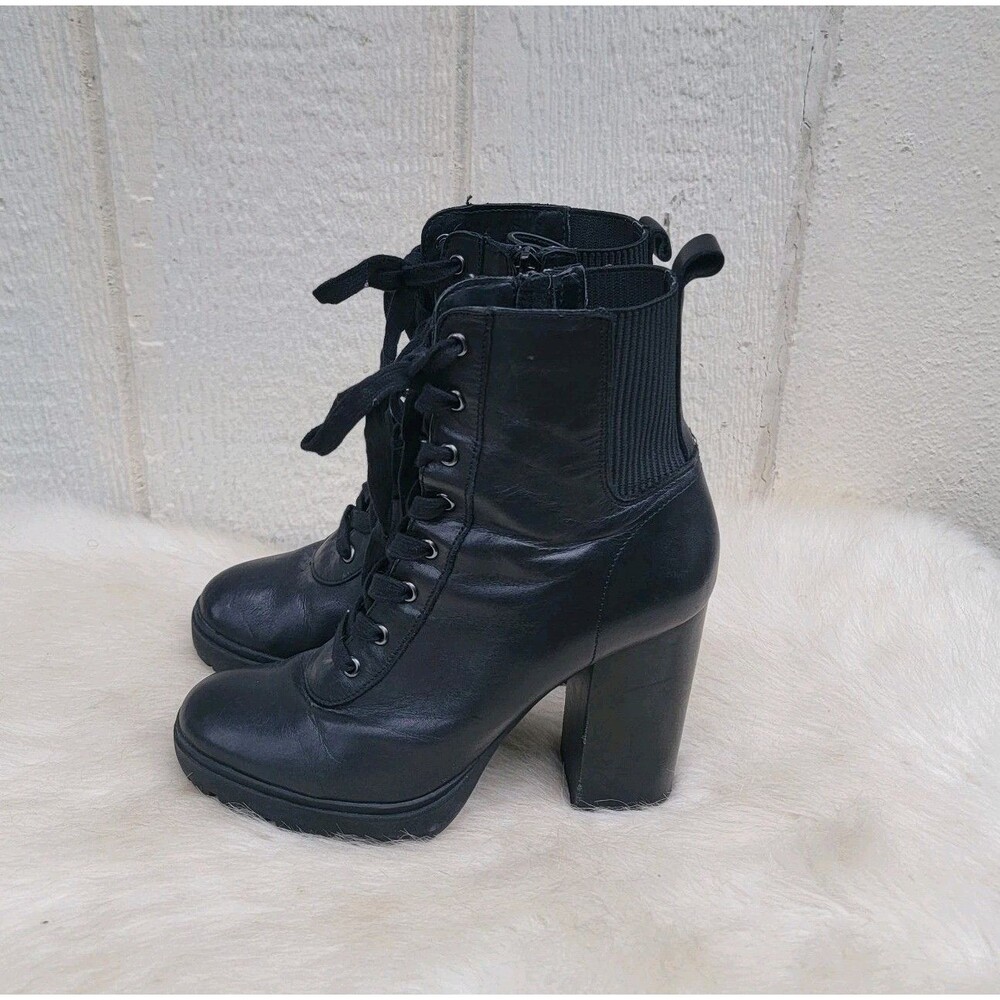 Steve Madden Latch Blk Leather Lace-Up Block Heel Ankle Boots Wmn Sz 8.5 Goth